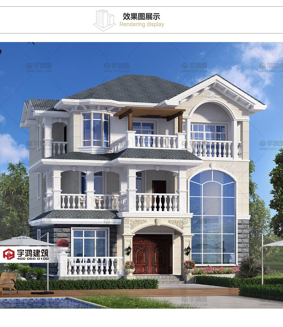 120平方米帶客廳中空農(nóng)村房屋設(shè)計(jì)圖紙，外觀高端大氣